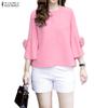 Women Casual Round Neck Solid Color 3/4 Sleeve Blouse