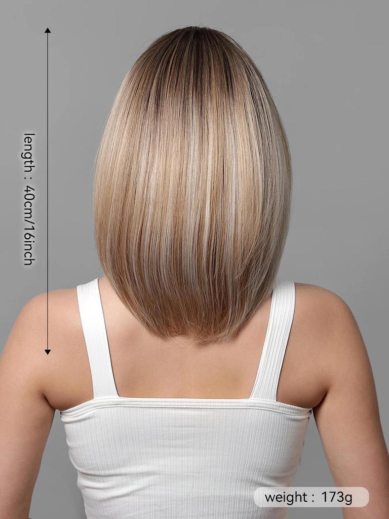 BLONDE UNICORN Short Straight Brown Blonde Ombre Wig Synthetic Bob Wig with Bangs Cosplay Party Daily Natural Hair for Women Heat Resistant