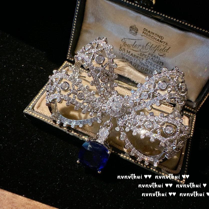 Sri Lanka Sapphire Bow Brooch Vintage Plated 18K Gold, Royal Blue Cornflower Zircon Ring