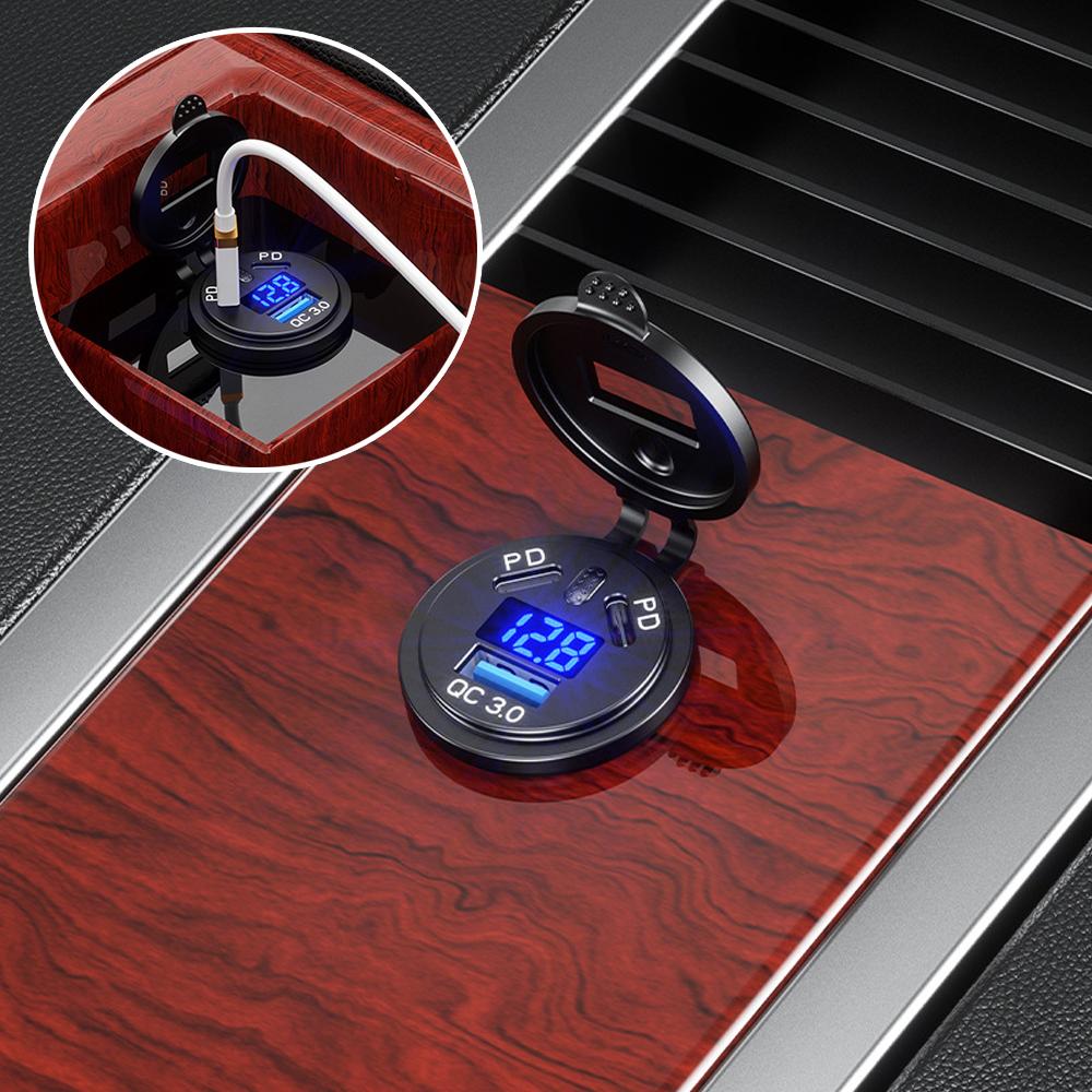 1Pc Car Charger Socket Black Dual PD USB Port Power Outlet LED Digital Display Quick Charger Auto Electronics Accessories