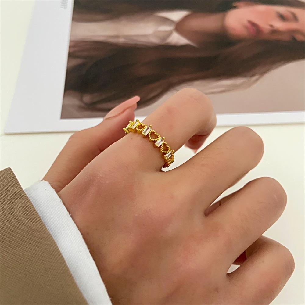 Fashion micro-inlaid square zircon light luxury ring women's Japan and Korea personality hollow love heart ring opening adjustable