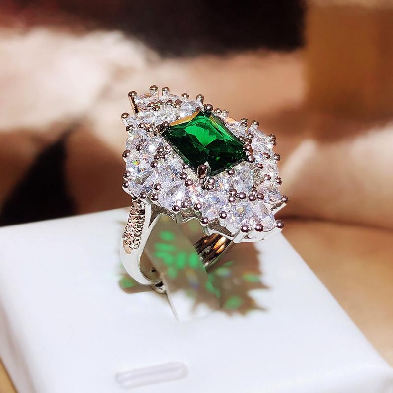 Luxury Full Diamond Princess Square Ring Emerald Simulation Open Ring Female Tourmaline Copper