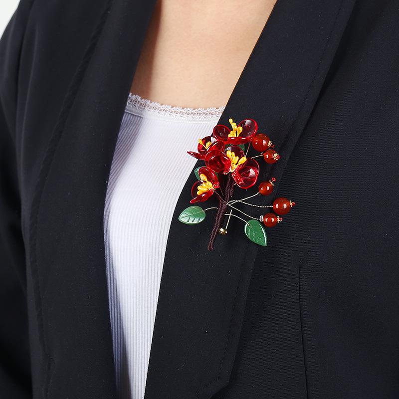 Handmade Glazed Agate Flower Brooch Retro Celebrity Temperament High-end Brooch Pin Antique Elegant Coat Accessories