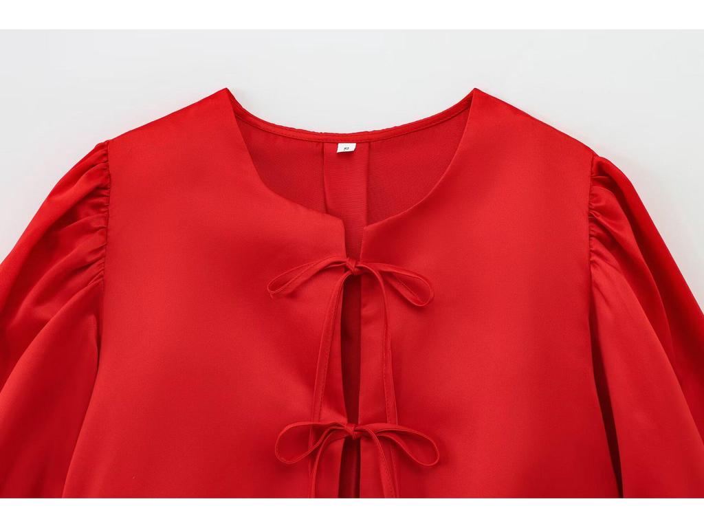 2025 Spring European & American Style Women's Satin Puff Sleeve Bow Top