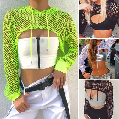 Maglia casual da donna Coprireggiseno Rete per pesci Scava fuori con coulisse Felpa con cappuccio micro lunghezza Felpa con cappuccio per coprire il gilet del reggiseno Rete per pesci Ragazze sexy e cool
