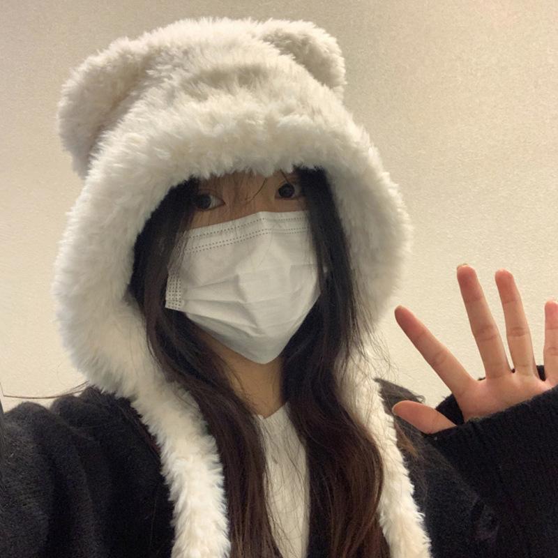 Women'S 2024 Autumn/Winter Cute Bear Ears Hairy Hat Big Headcircumference Warm Wool Plush Lei Feng Hat