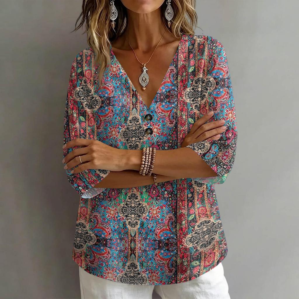 Women's Vintage Floral Print V Neck Loose Fit Short Sleeve T Shirt Made of Linen Blend Fabric Casual Lightweight Top for Everyday Wear
