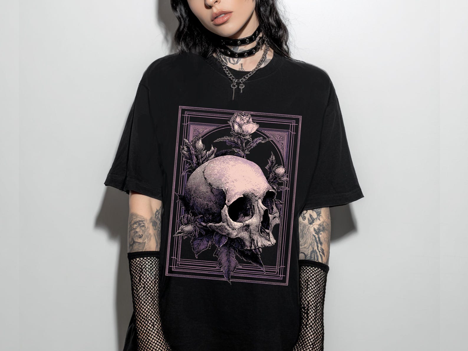 Purple Victorian Gothic Skull & Roses Graphic T-Shirt, Emo Pastel Goth Shirt, Whimsigoth Clothing, Goth Coquette Top, Goth Gift For Her XL