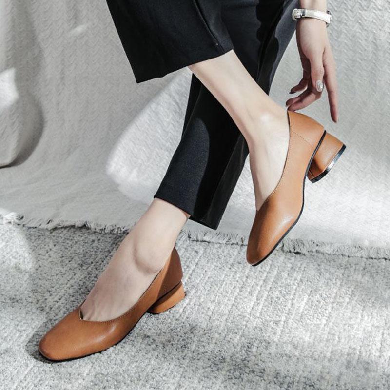 Měkká kůže Jednoduché boty Dámské Silné podpatky Jaro a Podzim Čtvercová špička Nízké podpatky Jednobarevné Měkké podrážky Nazouvací Vysoké podpatky Neunavují nohy