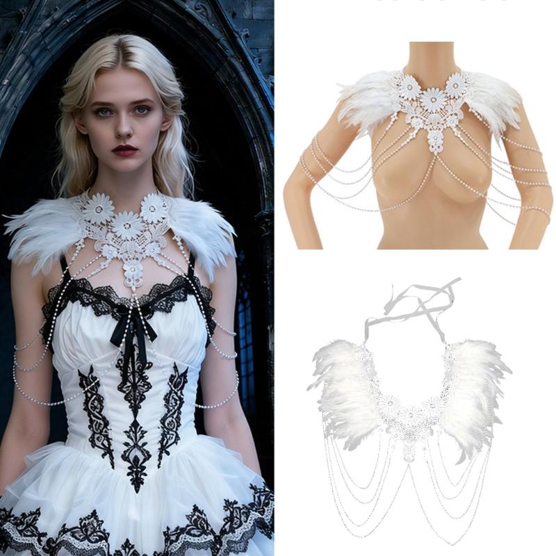 Luxuriöse Perlen Leder Schulterkette Körperkette für Vintage Braut Look Hochzeit und Bühnenauftritte