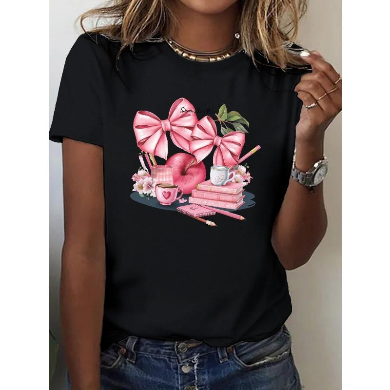 

European Size workspace bows Polyester women s T-shirt with comfortable fit 4XL чорний