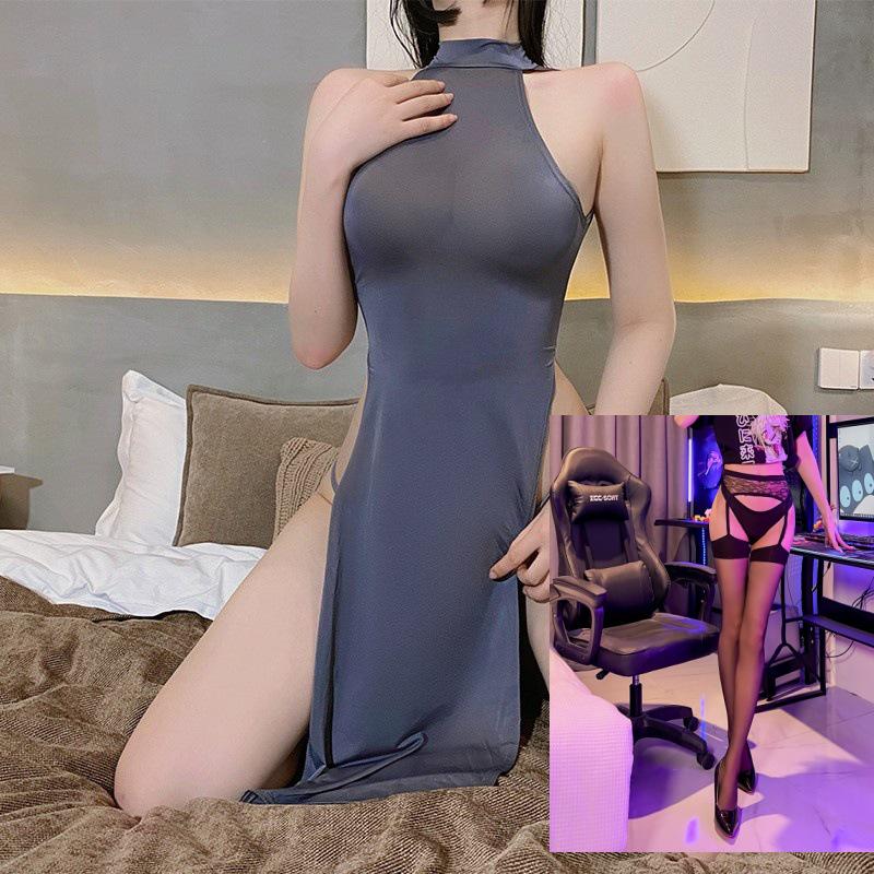 Plus Size Night Oath Tiffi High Slit Ice Silk Cheongsam Lingerie Dress