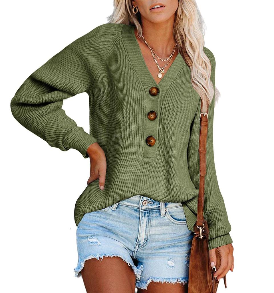 Autumn Winter Women's Button Front Knitted Pullover V Neck Sweater Long Sleeved Knitwear Luxurious Relaxed-fit Slimming and Versatile Top