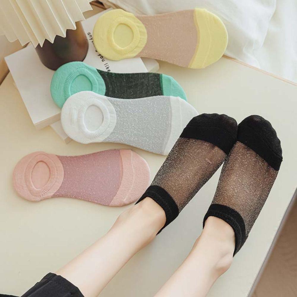 5Pairs Invisible Ice Silk Boat Socks Non-Slip Transparent Summer Ankle Socks Hosiery Breathable Women Short Tube Sock Girl