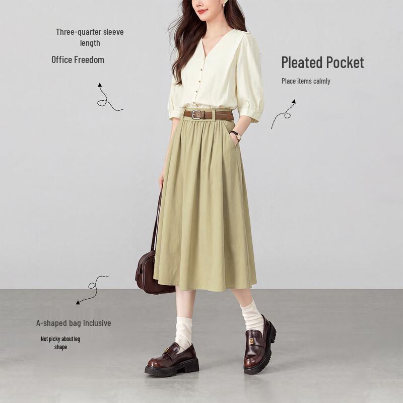Women's Autumn Textured V-Neck Shirt & A-Line Skirt Set