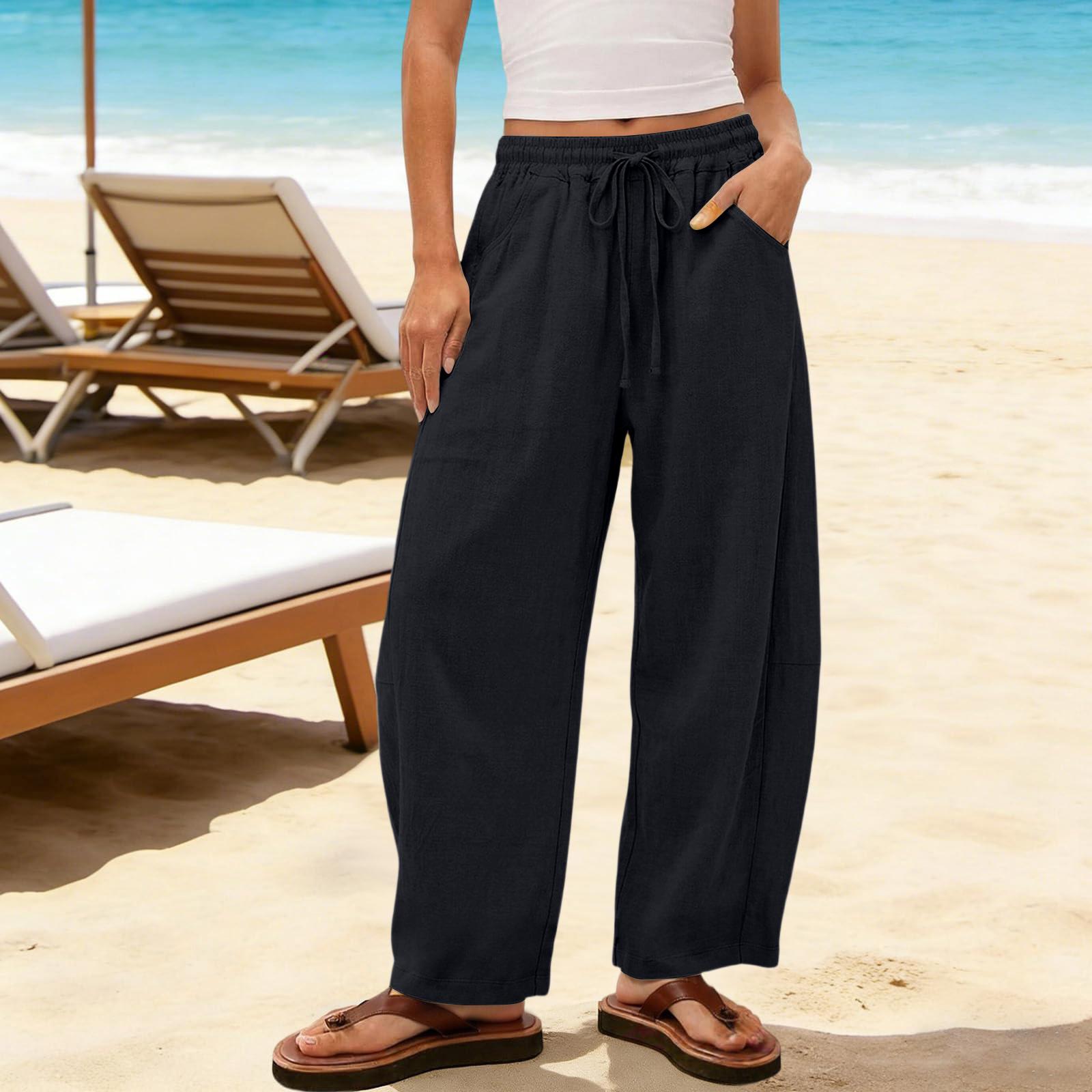 

Loose Fit Drawstring Waist Casual Pants for Women Lightweight Elastic Waistband Straight Leg Trousers for Daily Wear M чорний