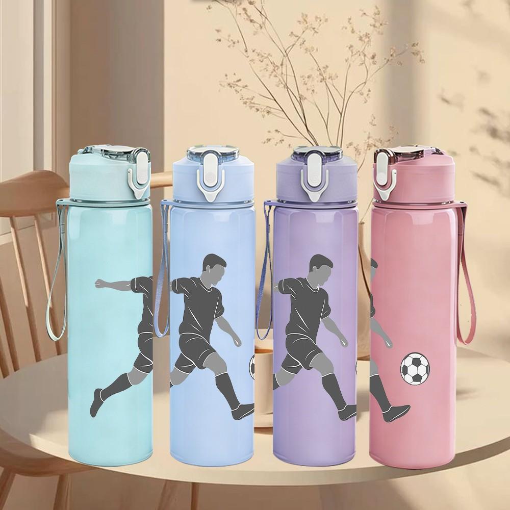 1PC Soccer Player Football Sport Pattern 750ml Color Plastic Sports Water Bottle Leakproof Flip Straw Lid Suitable for Sports Office Home Use