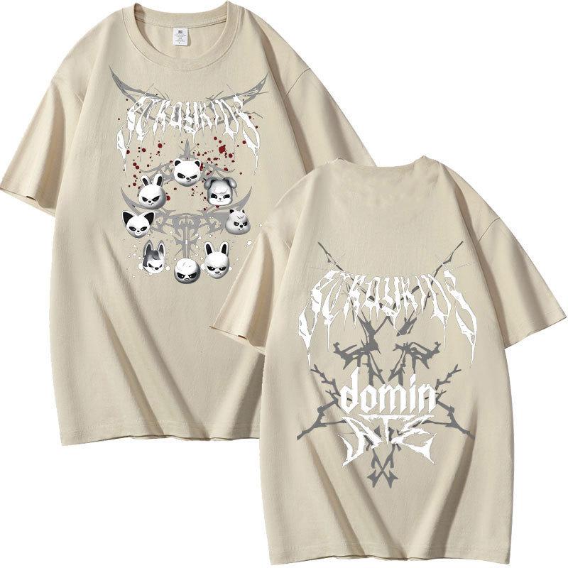Stray Kids Dominated Peripheral Combination Peripheral Printing Summer Short Sleeve T-Shirt Cotton Loose S хаки