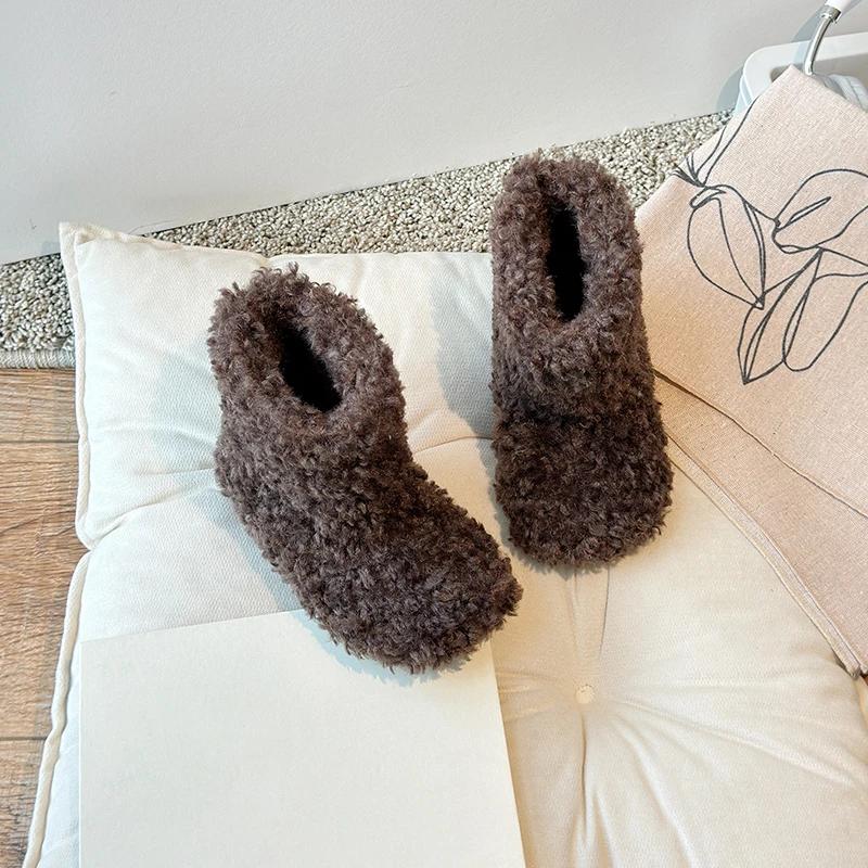 Luxury Thick Teddy Fur Boots Baby Girl Fluffy Warm Plush Booties Toddler Child Winter Brand Design Round Toe Slip-on Cotton Shoe