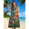 Robe sans manches à col fendu et imprimé floral pour femme, Robe midi décontractée coupe ample avec motifs floraux vibrants pour les vacances d'été à la plage et le quotidien