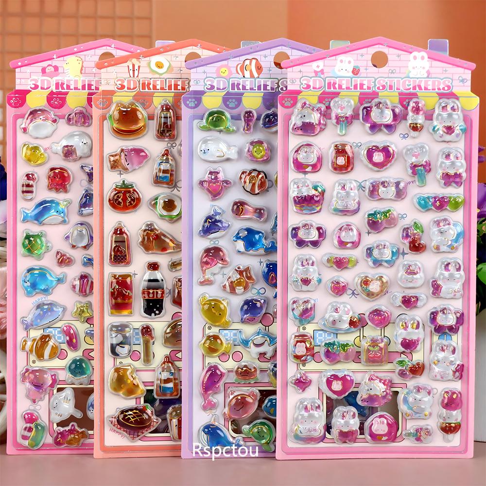 1pcs Cute Rabbit Bear Food Cartoon 3D Crystal Stickers Funny Marine Animals Three-dimensional Relief Decals for Notebook Phone