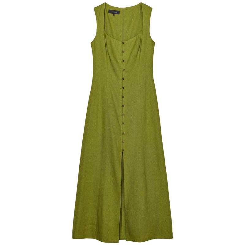 

Zaprha 2025 New Arrival Hepburn Style Sleeveless Square Collar Elegant Linen Midi Skirt Dress Slim Looking 6962029 Yellow-Green L