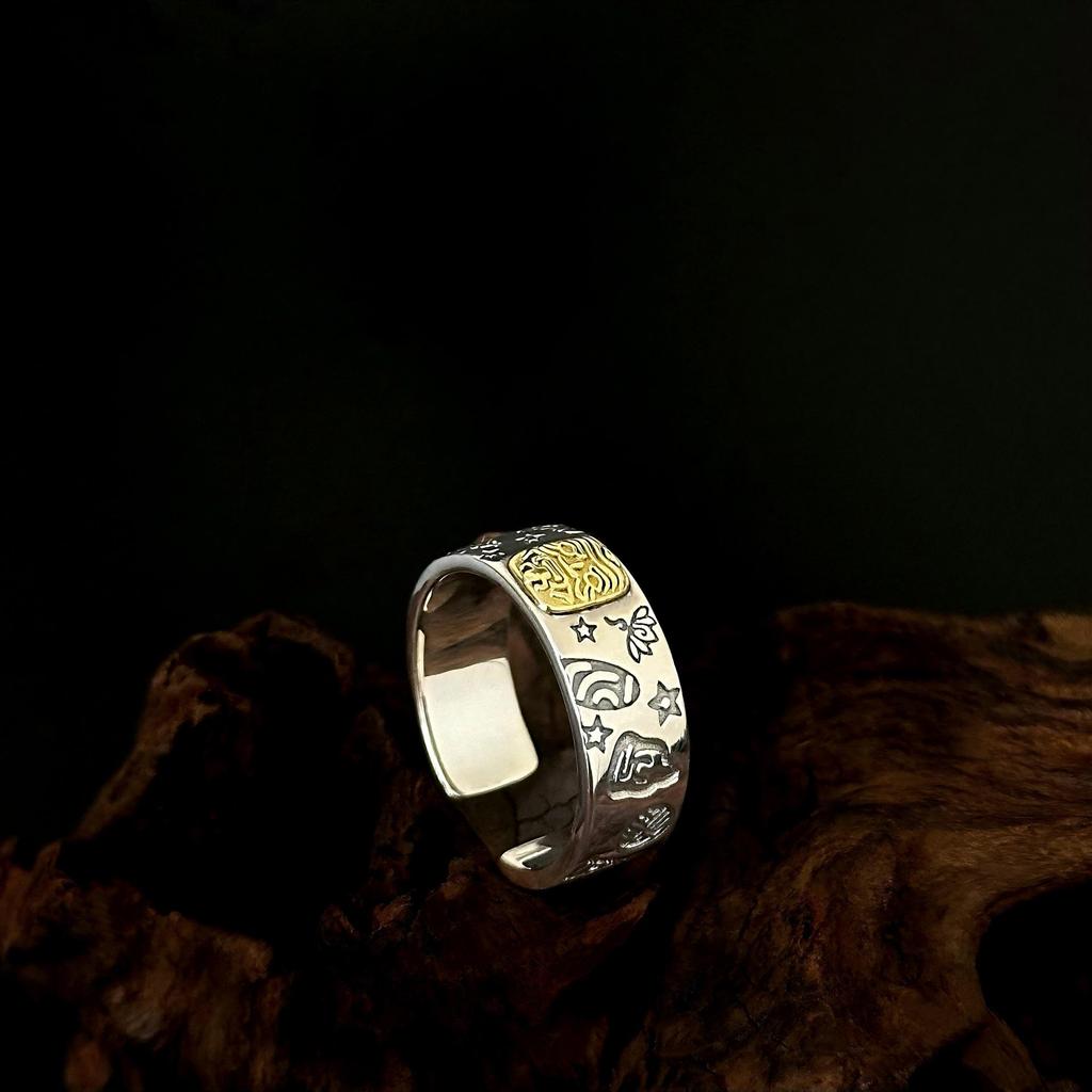S925 Sterling Silver Zakira Lam Ring - Adjustable Retro National Style for Men and Women with Auspicious Words