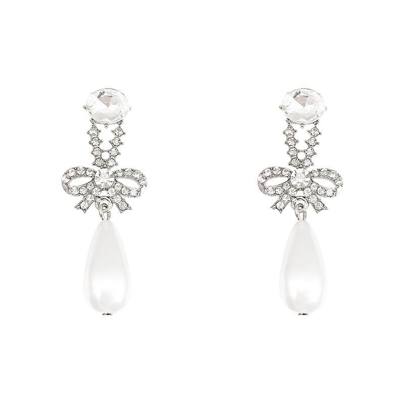 Flash Diamond Bow Pearl Earrings Women's Niche Design Sense High-end Long Earrings Exquisite Earrings