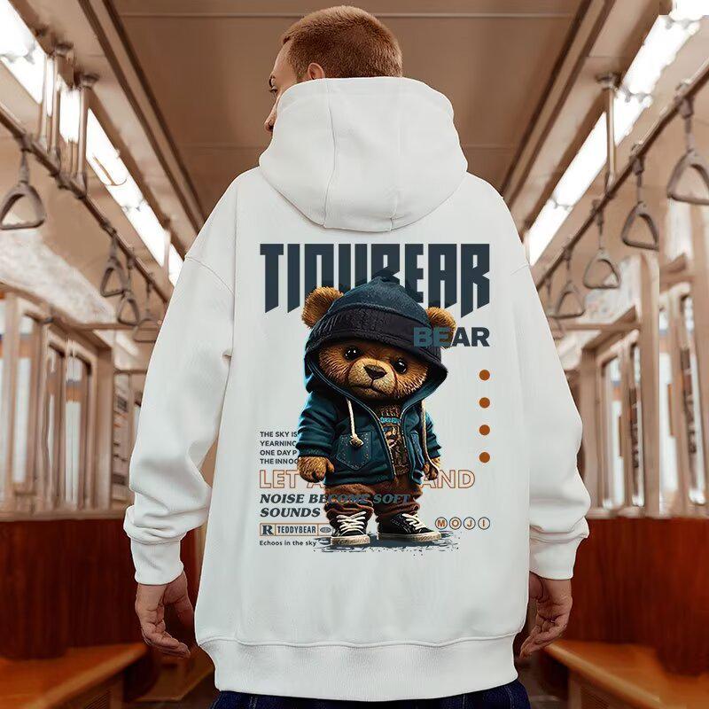 

Men s Loose Fit Anime Bear Plus Velvet Hoodie for Fall and Winter L білий