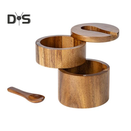 2-Layer Salt And Pepper Bowl with Spoon Magnetic Swivel Lid Dustproof Seasoning Box Rotatable Design Kitchen Helper for Serving