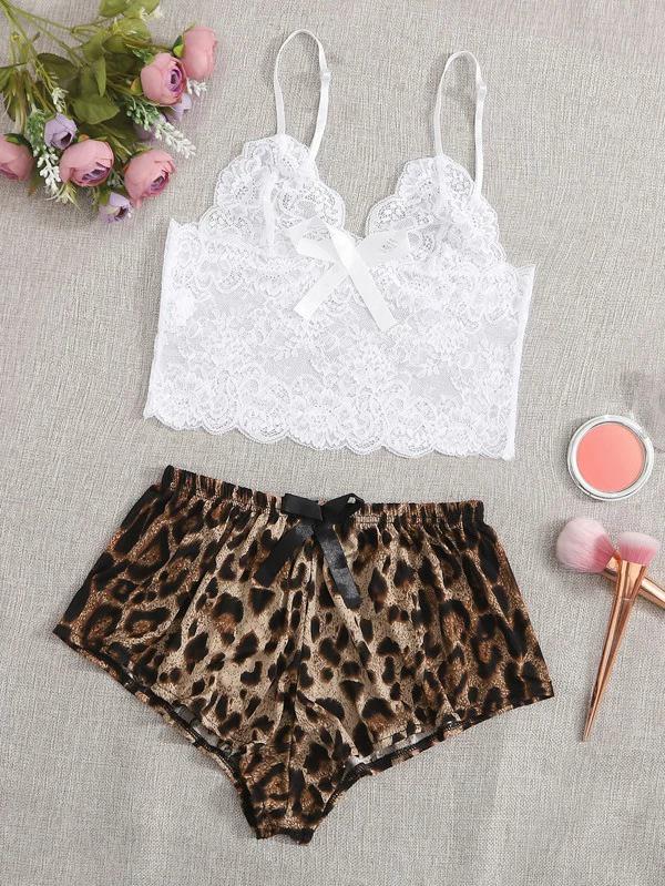 European and American Sexy Women s Lace Camisole Two-Piece Lingerie Set L белый