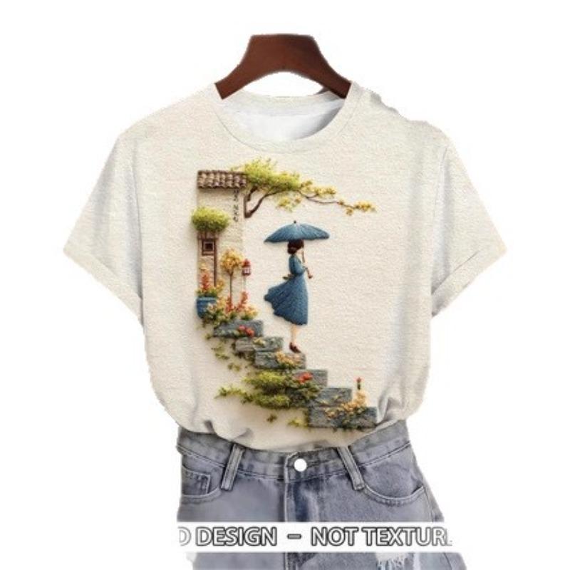 Creative Fashionable Personalized Printed Womens T-shirt Summer Comfort Plus Size Versatile Casual Round Neck Short Sleeved T-shirt