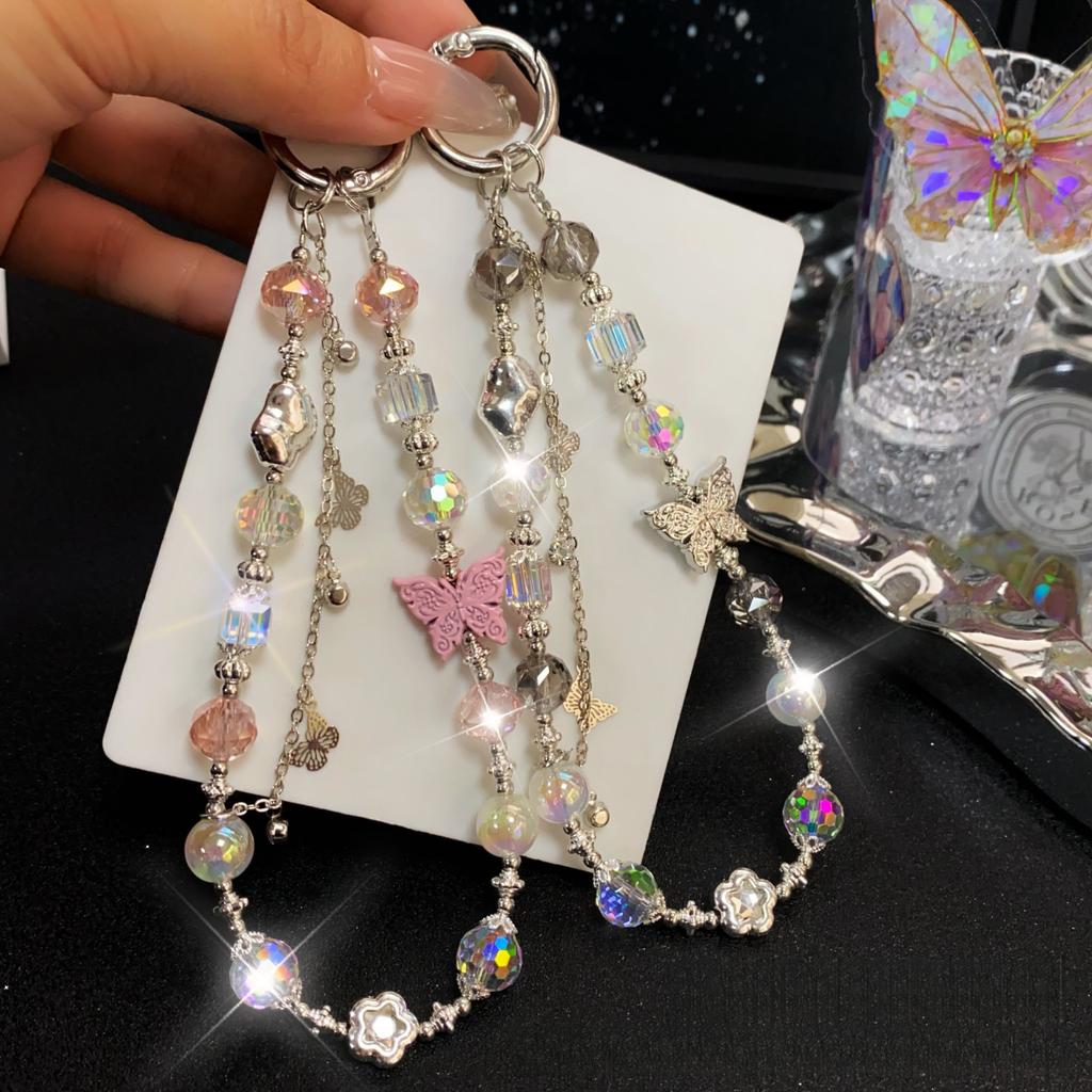 Crystal Beaded Butterfly Phone Chain for Women High-Value Phone Strap Ins Style Bag USB Keychain Accessories