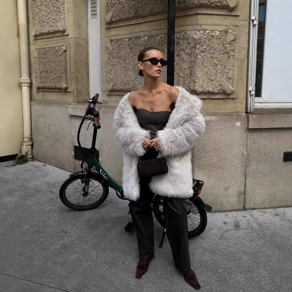 Eco-Friendly Faux Fur Women's Mid-Length Coat - Warm Fuzzy Winter Jacket