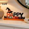 Festive Tabletop Display Wooden Halloween Table Ornament, Trick or Treat/Boo/Happy Desktop Decoration Party Scene Layout Props with Ghost Wizard
