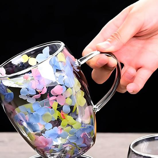 Double Wall Glass Coffee Mug with Handle High Borosilicate Heat Resistant Cup Colorful Petal Design Hot