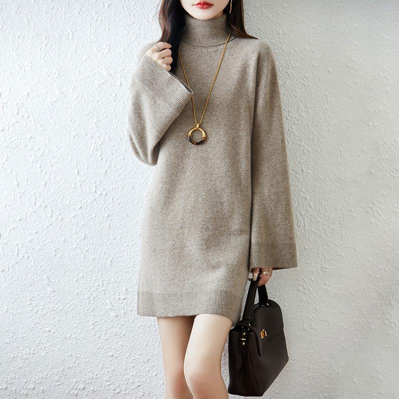 Women's 100% Pure Wool High Neck Dress - Loose, Bell Sleeves, Long Sweater Skirt for Autumn and Winter