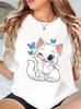 Women Summer Print T Shirt Short Sleeve Round Neck Cute Cartoon Kitten Butterfly Graphic Tees for Casual Daily Wear Personality