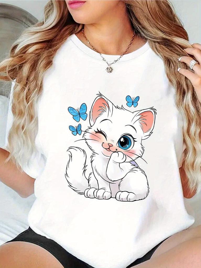 Women Summer Print T Shirt Short Sleeve Round Neck Cute Cartoon Kitten Butterfly Graphic Tees for Casual Daily Wear Personality