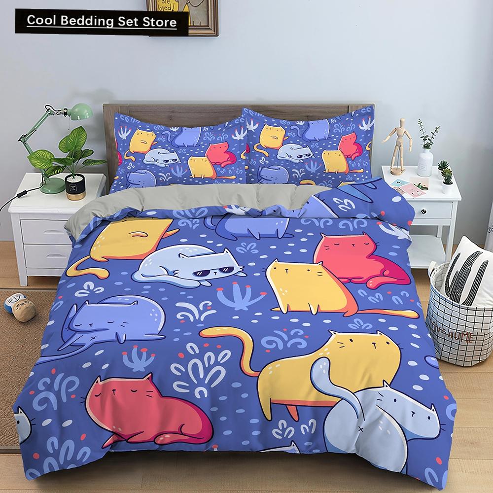 Comforter Cartoon Cat King Queen Colorful Lovely Animal Bedding Set Kids Pet Kitty Soft Polyester Comforter