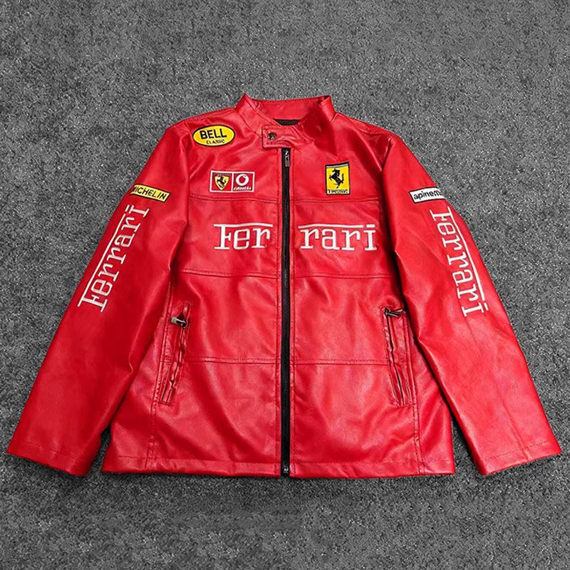 Motocyklová bunda z PU kože s fleecovou podšívkou a americkou výšivkou