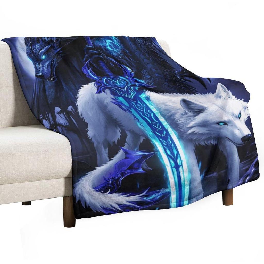 Ice Dragon and Wolf Flannel Printed Blanket Soft Comfortable Bed Blanket Modern Style Themed Decorative Blanket