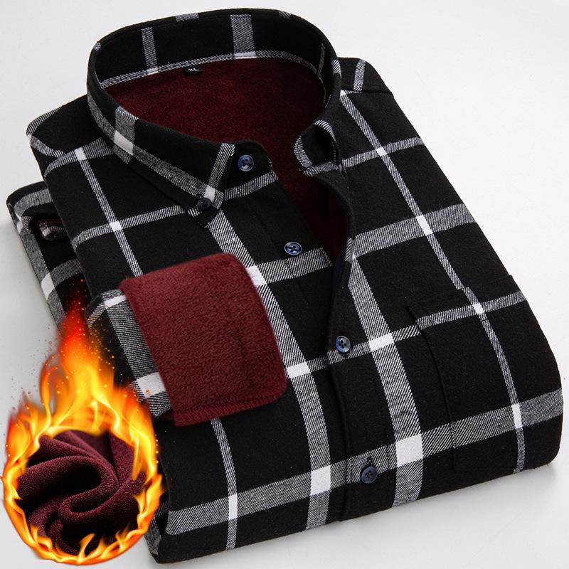 Men 'S Long -Sleeved Shirt Plus Velvet Plaid Shirt Loose Casual Top