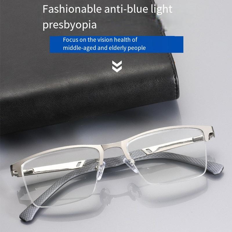 Men's Half-frame Business Reading Glasses Anti-blue Light Anti-fatigue Metal Frame Presbyopia Glasses +1.0 To +4.0