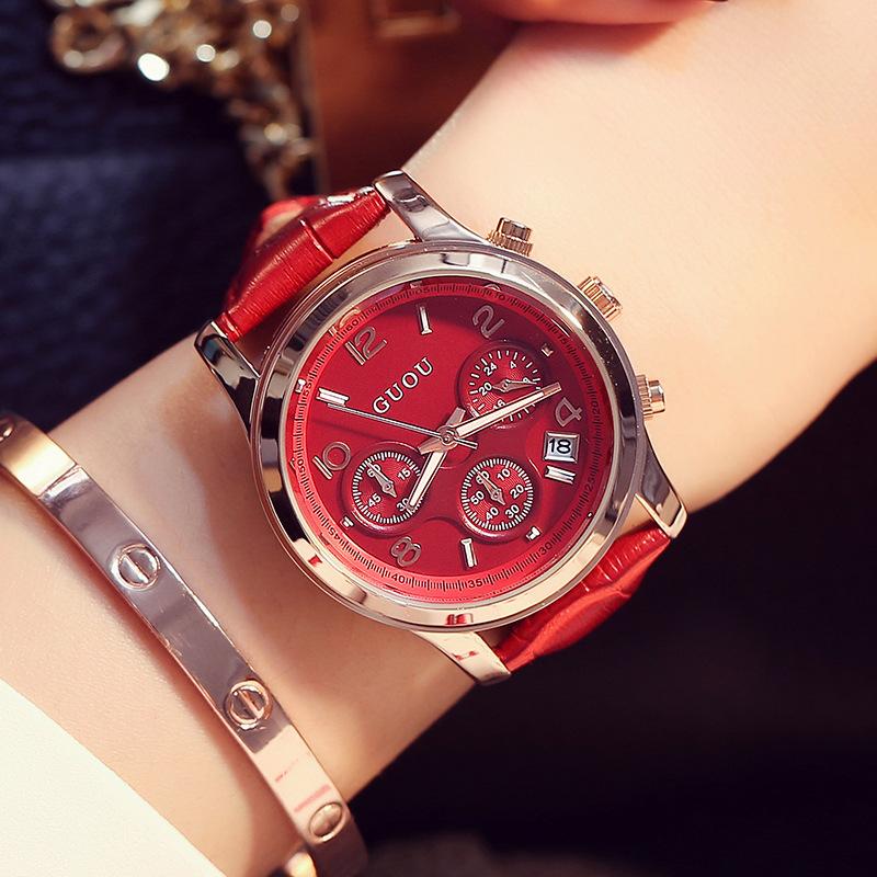 Genuine Leather Watch Casual Retro Fashion Three Eyes with Calendar Large Dial Fashion Women's Watch