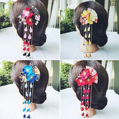Kimono Japonais Fait Main Tissu Fleur Éventail Pliant Accessoires Cheveux Pince Gland Coiffe Barrette Yukata Festvial Déco