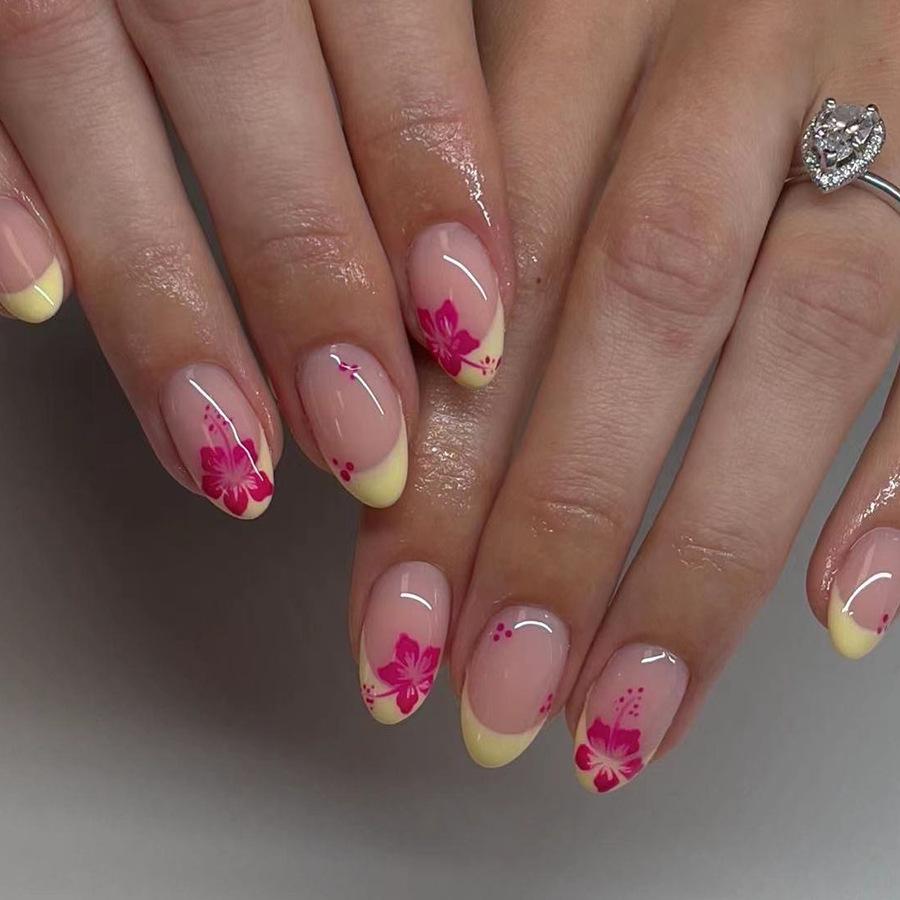 24Pz Unghie Finte Mandorla Corte con Disegno a Linea Unghie Finte Rosse Semplici Unghie Press-on Moda Indossabili Tips per Nail Art Full Cover