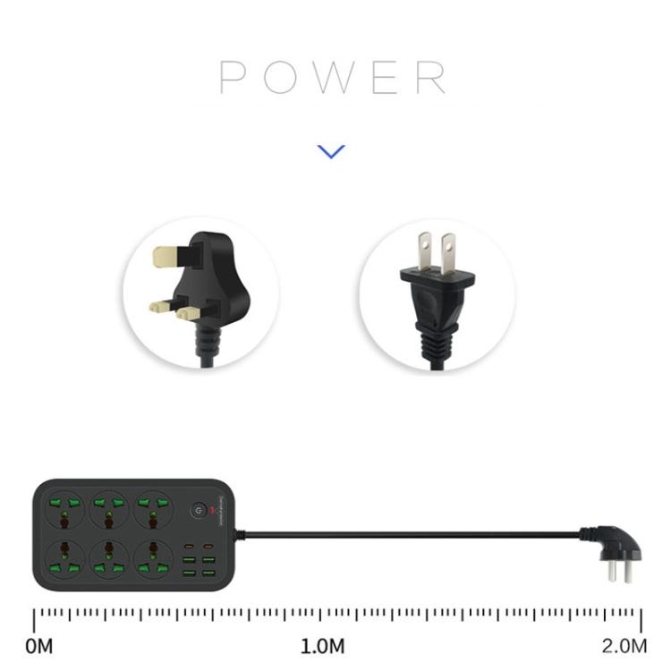 T24 2m 3000W 6 Plugs + PD + 4-USB Ports Multifunctional Flame-Retardant Socket With Switch