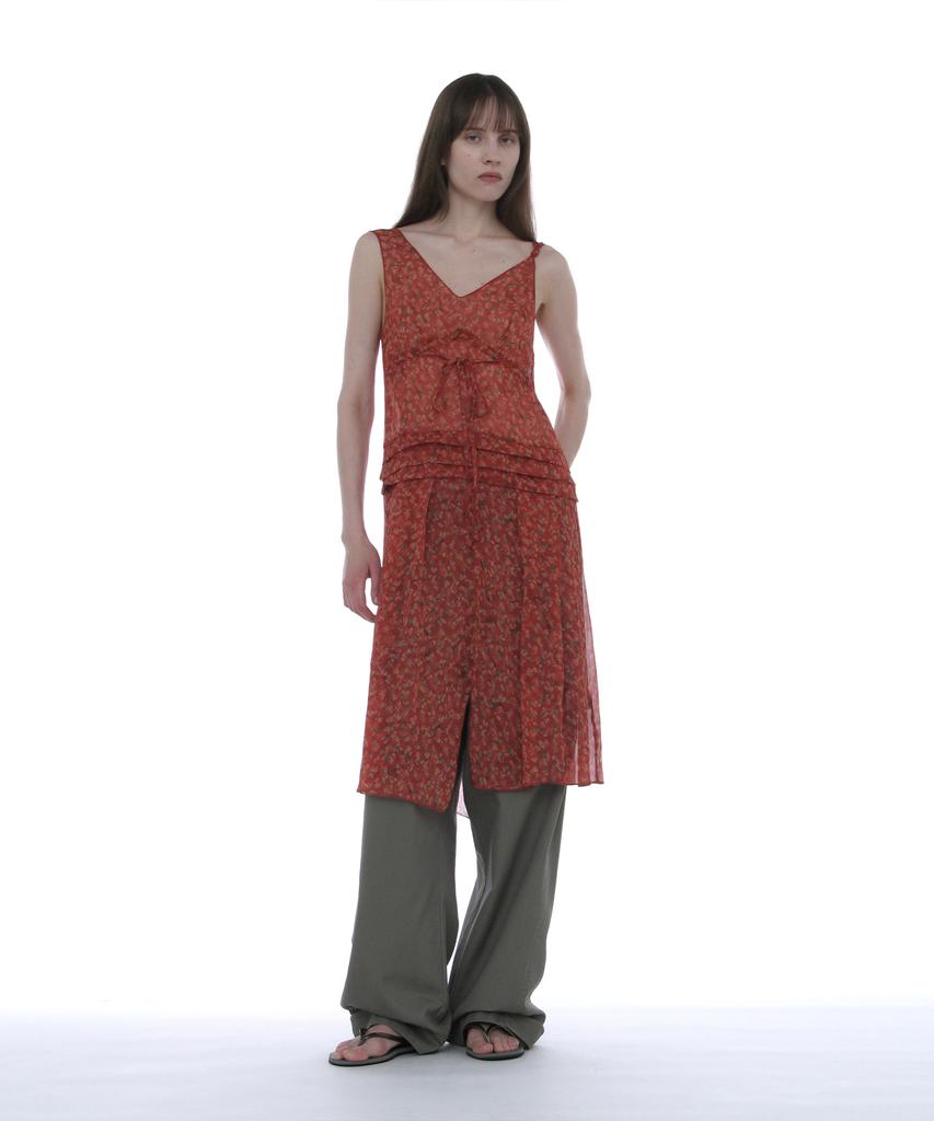 Partimento Woman Floral Pleated Sheer Midi Dress_Red