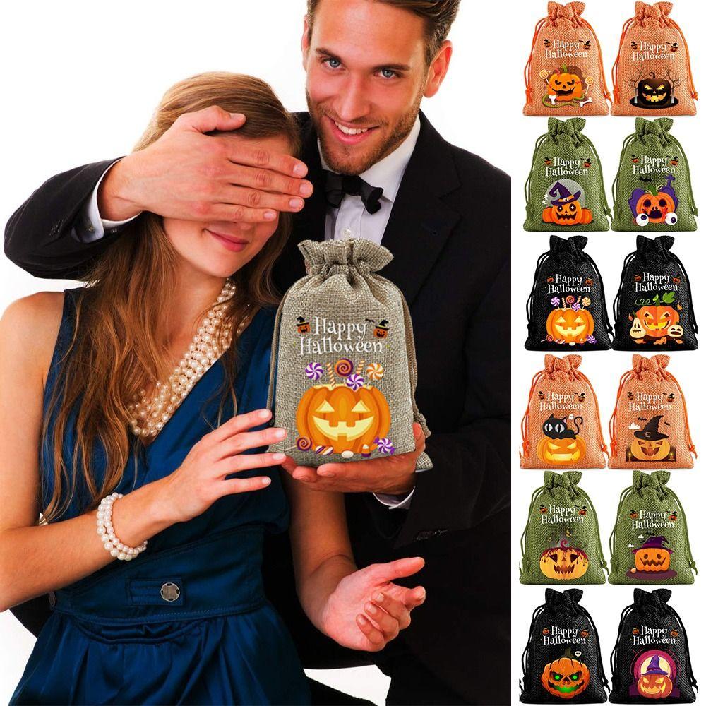 12Pcs Handheld Halloween Linen Drawstring Bags Pumpkin Ghost Pumpkin Sugar Pocket  Snacks
